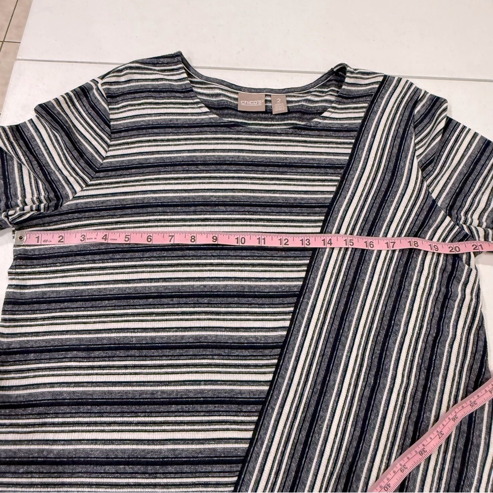 Chico’s Striped Asymmetrical Top Navy & White 3/4 Sleeves Size 12 (Chico’s 2) - Picture 4 of 10